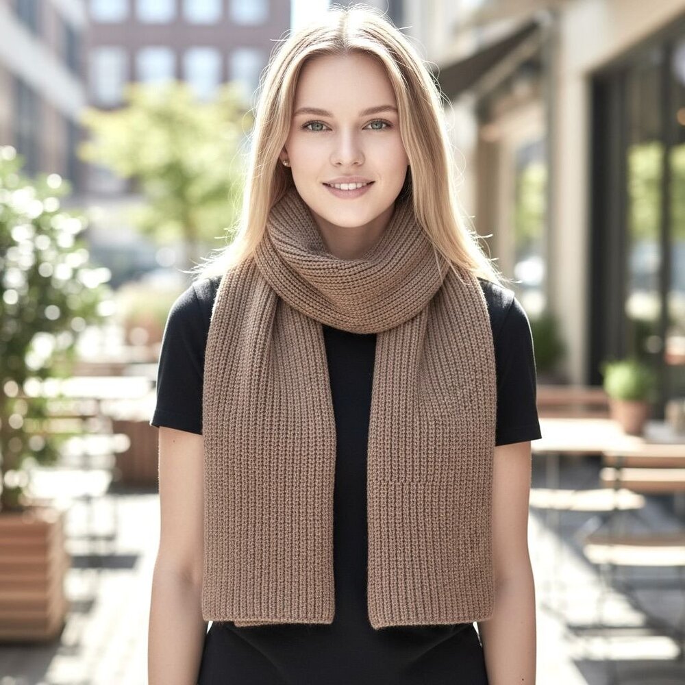 A New Day Ribbed Knit Camel Scarf 90% Recycled Polyester Eco-Friendly